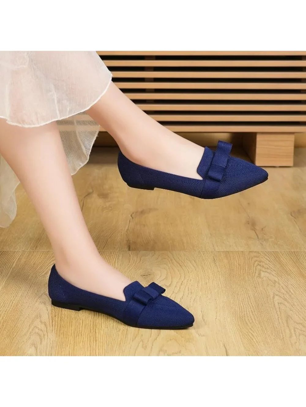 Women's Navy Rubber Soft Knit Breathable Pointed Toe Ballet Flats Casual Shoes